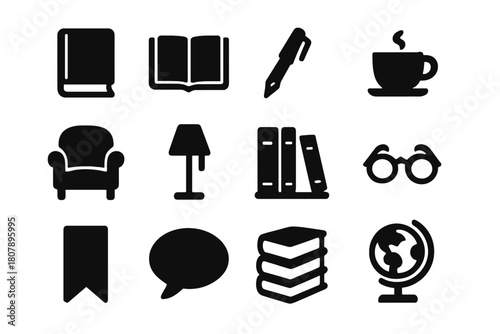 Literary Circle Icons. Literary Circle. Solid icon set of Literary Circle: book, open notebook, pen, coffee cup, chair, lamp, bookshelf, reading glasses,