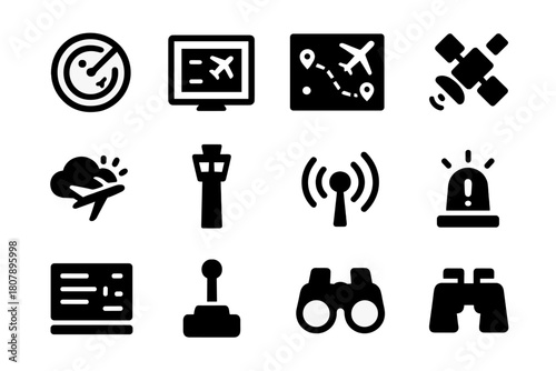 Air Traffic Icons. Air traffic. Solid icon set of Air traffic: airplane, control tower, radar screen, flight path, cloud, airport runway, pilot headset, map