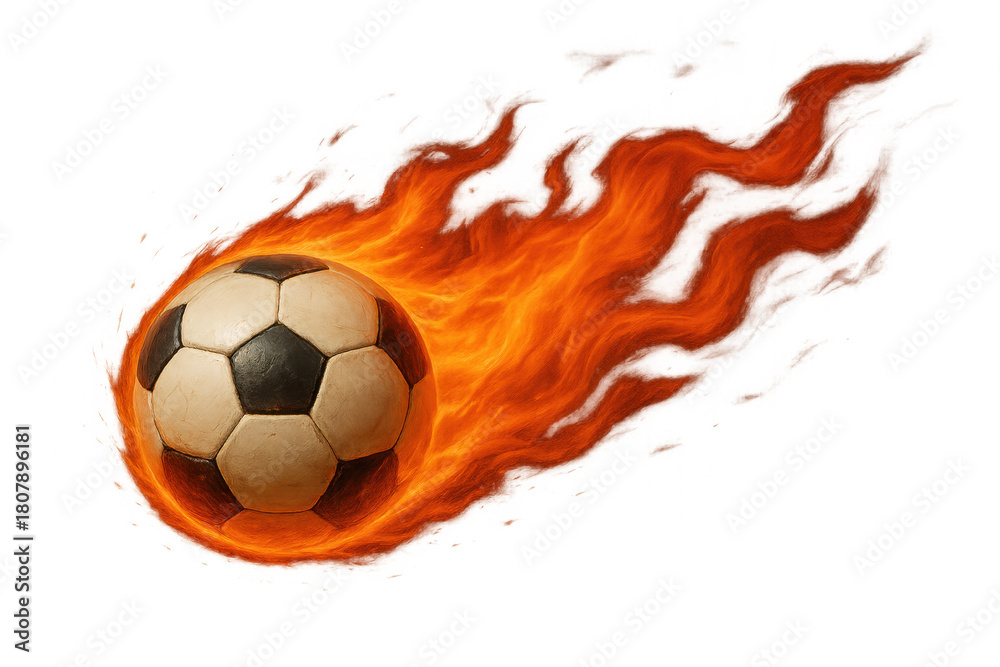 Fototapeta premium Soccer ball flaming through air, showcasing fiery speed, power, energy, and dynamic motion on transparent background