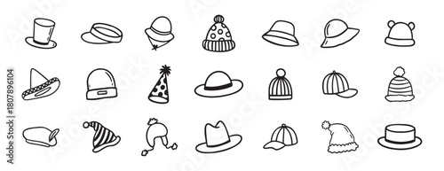 hat doodle hand drawn icon set. Outline drawing hats line clipart symbol collection