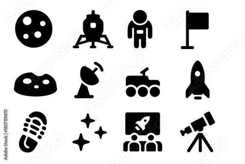 Lunar Mission Icons. Lunar mission. Solid icon set of Lunar mission: moon, lunar lander, astronaut, flag, crater, satellite dish, rover, rocket, footprint,