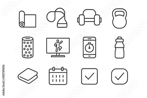 Home Workout Icons. Home workout motivation. Line icon set of home workout motivation: yoga mat, resistance band, dumbbell, kettlebell, foam roller, step