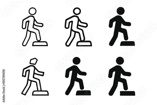Step Aerobics Logo Grid. Step aerobics. Icon set. Set Logo of Step aerobics: Person stepping. harmonious logo variations of the same emblematic concept