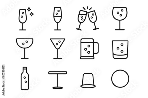 Bubbly Icons Set. Bubbly toast. Line icon set of bubbly toast: sparkling glass, champagne flute, clinking glasses, wine glass, cocktail glass, martini glass,