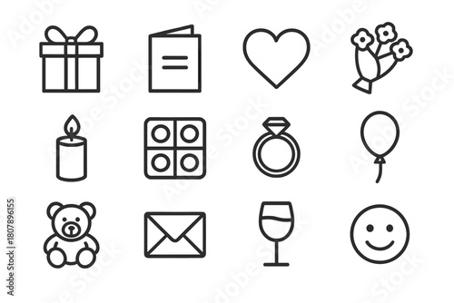 Thoughtful Surprise Icons. Thoughtful surprise. Line icon set of Thoughtful surprise: gift box, handwritten note, heart, flowers, candle, chocolates, ring,
