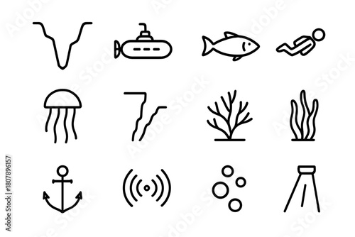 Ocean Trench Icons. Ocean trench. Line icon set of ocean trench: deep trench, submarine, fish silhouette, diver, jellyfish, rock wall, coral, seaweed, anchor,