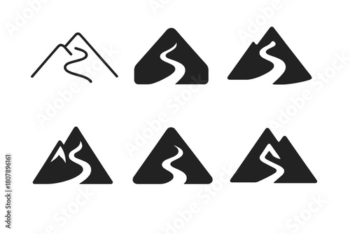 Minimalist Skiing Logos. Skiing on mountain slopes. Icon set. Set Logo of skiing on mountain slopes: minimalist mountain with winding ski trails. harmonious