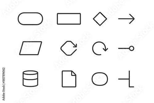 Algorithm Flowchart Icons. Flowchart for algorithm design. Line icon set of flowchart for algorithm design: start symbol, process box, decision diamond, arrow,