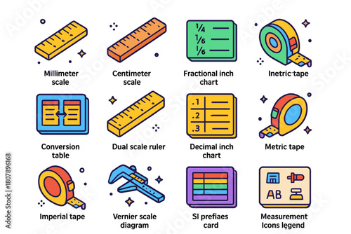 Colorful Isometric Measurement Icons. Metric and imperial. Colorful isometric vector icons set of Metric and imperial: millimeter scale, centimeter scale, inch
