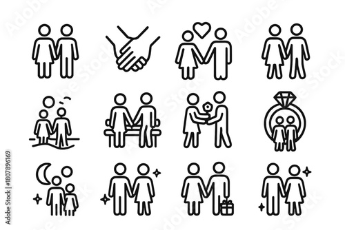 Romantic Icon Set. Romantic Moments. Line icon set of Romantic Moments: couple, candle, wine glass, flower, moon, heart, star, photo frame, ring, cloud,