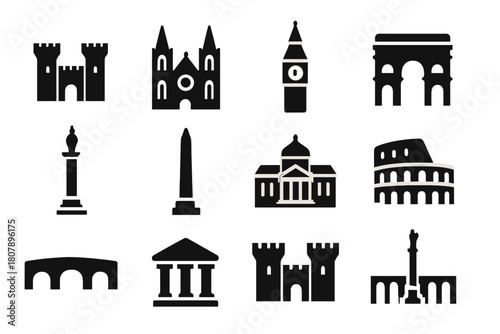 Historic Landmarks Icons. Historic landmarks. Solid icon set of Historic landmarks: castle, cathedral, clock tower, ancient gate, monument, obelisk, palace,