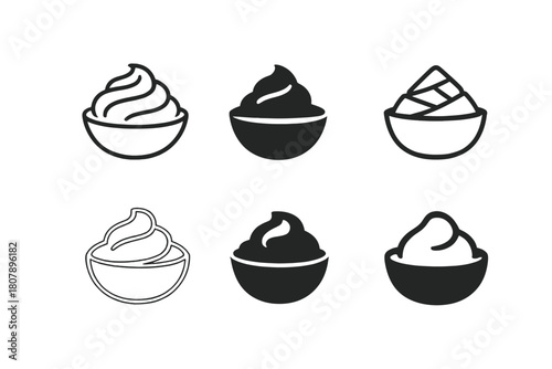 Mashed Potato Icons. Mashed potato mound. Icon set. Set Logo of mashed potato mound: swirl-patterned mashed potatoes served in a bowl. harmonious