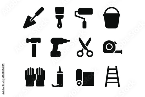 Black Waterproofing Tools. Waterproofing tools. Solid icon set of waterproofing tools: trowel, brush, roller, bucket, hammer, drill, scissors, measuring tape,