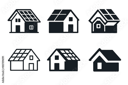 Solar Roofing Icons. Solar roofing systems. Icon set. Set Logo of solar roofing systems: installer hand with wrench over panel. harmonious logo variations of