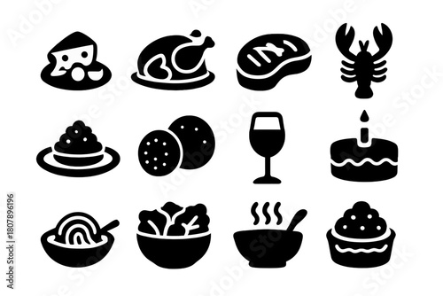 Gourmet Icon Set. Gourmet Platter. Solid icon set of Gourmet Platter: cheese platter, roasted turkey, steak, lobster, caviar, truffle, wine glass, chocolate