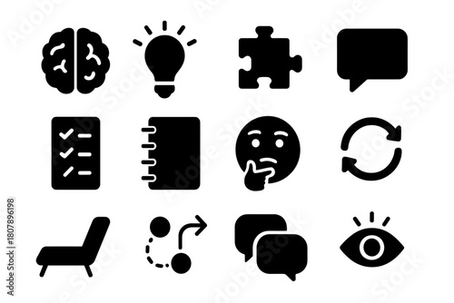 Cognitive Therapy Icons. Cognitive behavioral therapy. Solid icon set of Cognitive behavioral therapy: brain, lightbulb, puzzle piece, chat bubble, checklist,