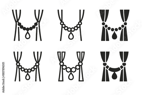 Curtain Tieback Icons. Curtain tieback. Icon set. Set Logo of curtain tieback: crystal knob medallion. harmonious logo variations of the same emblematic