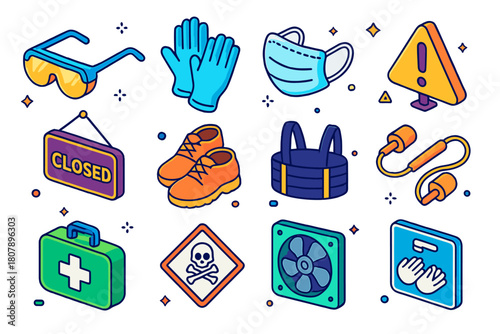 Workplace Safety Icons. Workplace cleaning safety. Colorful isometric vector icons set of Workplace cleaning safety: safety goggles, nitrile gloves, face mask,