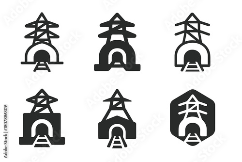 Efficient Mining Logos. Efficient energy use in mining industries. Icon set. Set Logo of efficient energy use in mining industries: electric tower above