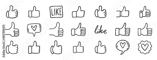 Thumbs up like doodle hand drawn icon set. Social media approval button. Hand gesture vector illustration for web design