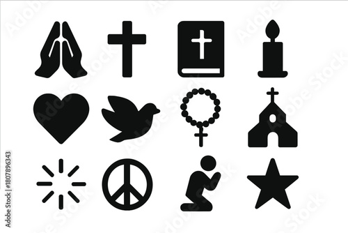 Prayer Symbol Icons. Prayer. Solid icon set of prayer: praying hands, cross, bible, candle, heart, dove, rosary, church, light rays, peace symbol, kneeling