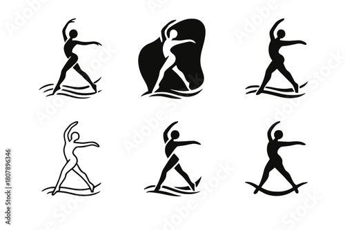 Modern Dance Icon Set. A dancer practicing modern dance moves in an open studio. Icon set. Set Logo of a dancer practicing modern dance moves in an open