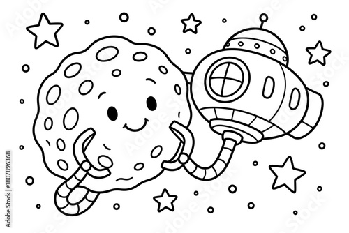Spacecraft and Asteroid Docking. Spacecraft docking at asteroid children?s coloring book illustration, outlined drawing, gentle clamp arms from a ship holding