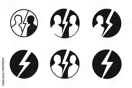Hostile Takeover Logos. Hostile takeover. Icon set. Set Logo of hostile takeover: two arrows clashing in opposite directions. harmonious logo variations of the