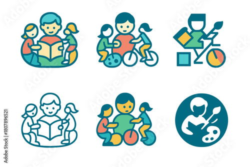 Children's Hobby Icons. Children's hobbies (reading, cycling, painting). Icon set. Set Logo of children's hobbies: outdoor cycling scene. harmonious logo