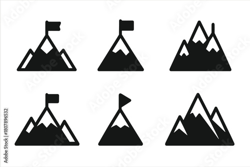 Mountain Logos Grid. Self-motivation. Icon set. Set Logo of Mountain Peak: Goal achievement. Flat solid, Symmetrical form, Stylized detail, Iconic shape,