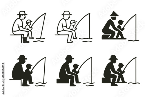 Father-Son Fishing Logos. Father and son activity. Icon set. Set Logo of father and son activity: fishing together. harmonious logo variations of the same