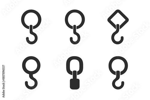 Curtain Hook Icons. Curtain hook. Icon set. Set Logo of curtain hook: side profile of mounted hook and curtain edge. harmonious logo variations of the same