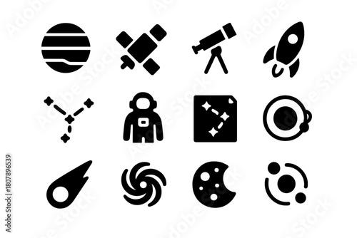 Cosmic Icon Set. Cosmic microwave background. Line icon set of cosmic microwave background: wave map, radiation pattern, frequency lines, satellite sensor,