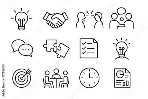 Workplace Problem-Solving Icons. Workplace problem-solving. Line icon set of Workplace problem-solving: lightbulb, handshake, two people arguing, mediator,
