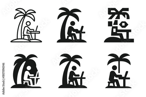 Tropical Freelancer Logos. Freelancer working from a tropical location. Icon set. Set Logo of Freelancer working from a tropical location: Laptop on a beach
