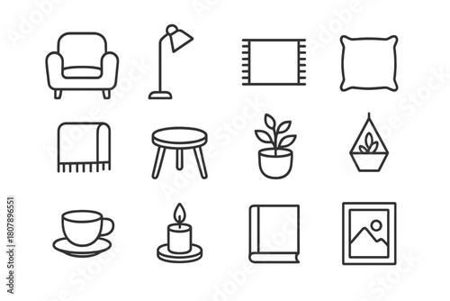 Cozy Nook Icons. Cozy nook setup. Line icon set of cozy nook setup: armchair, floor lamp, rug, cushion, blanket, small table, potted plant, hanging planter,