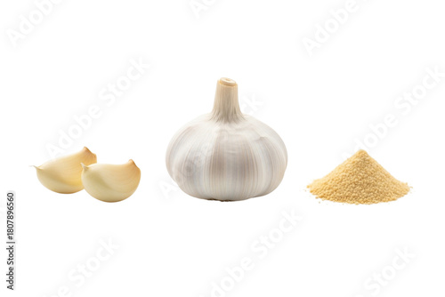  a whole garlic bulb, two garlic cloves, and a small mound of garlic powder isolated on white.