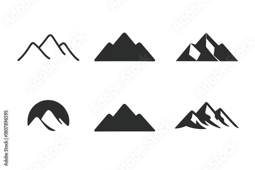 Distant Mountain Logos. Distant Mountains. Icon set. Set Logo of Distant Mountains: Snow-capped peaks. harmonious logo variations of the same emblematic