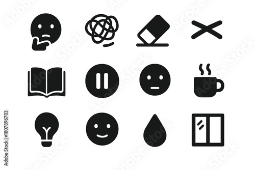 Moments of Thought Icons. Moments of Thought. Solid icon set of Moments of Thought: hand on chin, scribble lines, eraser mark, crossed out text, open page,