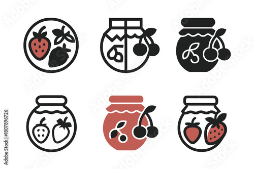 Homemade Jam Icons. Making your own homemade jam. Icon set. Set Logo of Homemade Jam: abstract jar and fruit motif forming a circle. harmonious logo variations