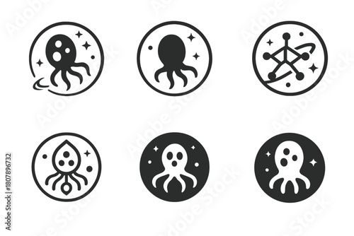 Alien Life Logos. Exploring the possibility of alien life in distant star systems. Icon set. Set Logo of alien life exploration: stylized alien microbe inside