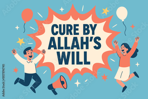 Joyful Celebration Banner. Daily Rizq banner, flat vector illustration, bold oversized text inside rounded blob banner, cartoon characters dancing and holding