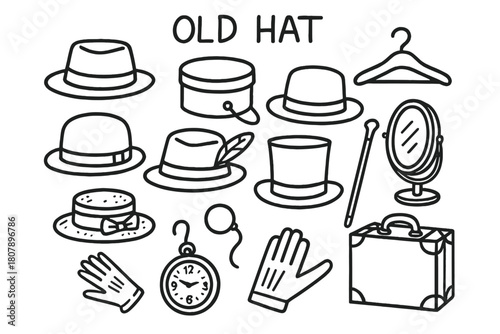 Vintage Hat Collection. Old Hat. Hand-drawn doodle illustration Old Hat vintage hat, fedora, bowler hat, top hat, straw hat, ribbon band, feather, hat box,