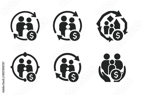 Family Budgeting Icons. Family budgeting. Icon set. Set Logo of family budgeting: family hand holding money sprout. harmonious logo variations of the same