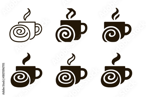 Coffee and Pastries Icons. Coffee and pastries. Solid icon set of coffee and pastries: coffee cup, croissant, donut, muffin, cookie, teapot, spoon, plate,