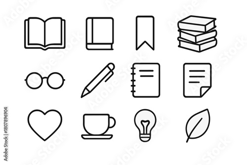 Minimalist Book Icons. Book. Line icon set of Book: open book, closed book, bookmark, stack of books, reading glasses, pen, notebook, page, heart, coffee cup,