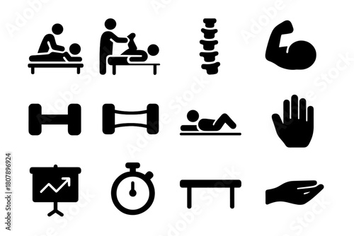 Physiotherapy Icon Set. Physiotherapy session. Solid icon set of physiotherapy session: therapist, patient, stretching, spine, muscle, dumbbell, band, mat,