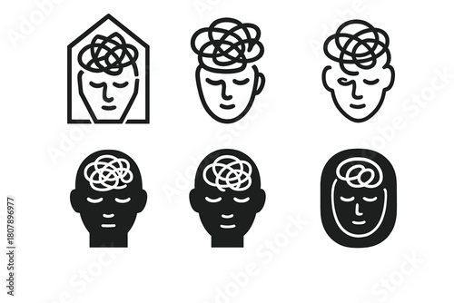 Mindful Chaos Emblems. Overactive mind in a peaceful, dark room. Icon set. Set Logo of overactive mind in a peaceful, dark room: serene face with chaos inside.