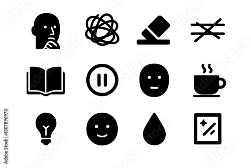 Moments of Thought Icons. Moments of Thought. Solid icon set of Moments of Thought: hand on chin, scribble lines, eraser mark, crossed out text, open page,