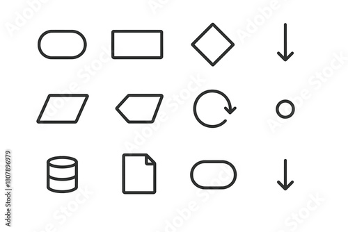 Algorithm Flowchart Icons. Flowchart for algorithm design. Line icon set of flowchart for algorithm design: start symbol, process box, decision diamond, arrow,